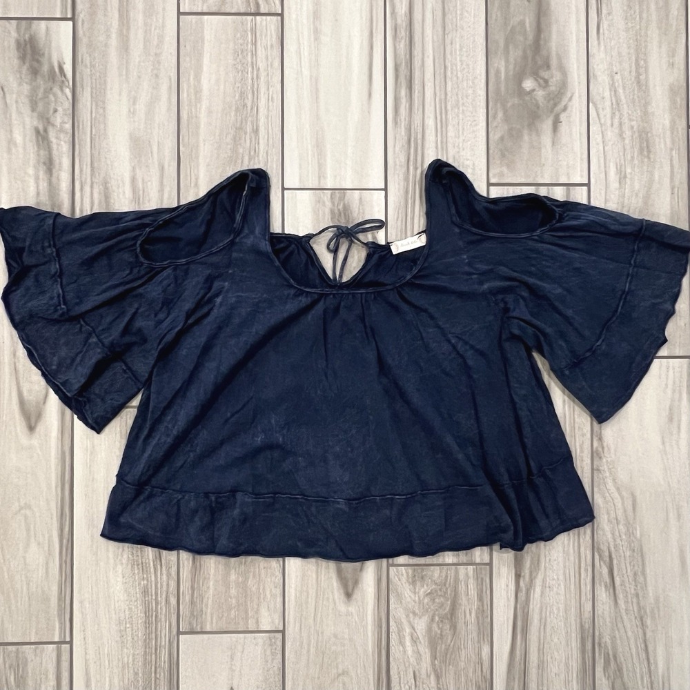 Altar'd State Cold Shoulder Top Women Size S Navy Blue Bell Sleeve Boho Blouse